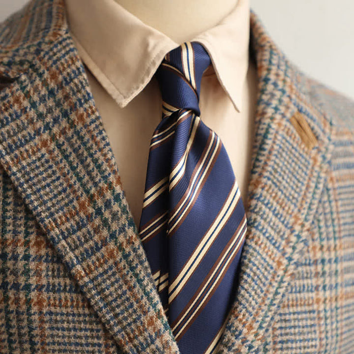 Cravatta a righe classica da ufficio per uomo - Blu marino e beige - image 17
