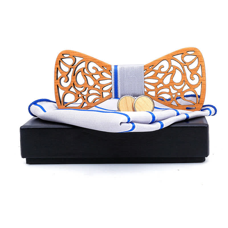 Set di 3 cravatte a farfalla in legno cavo vintage da uomo - Strisce azzurre - image 6