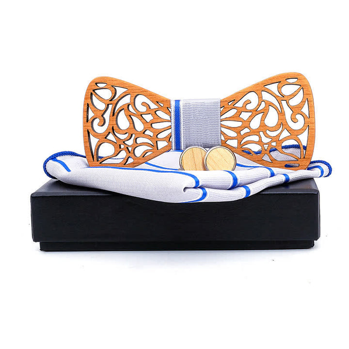 Set di 3 cravatte a farfalla in legno cavo vintage da uomo - Strisce azzurre - image 6