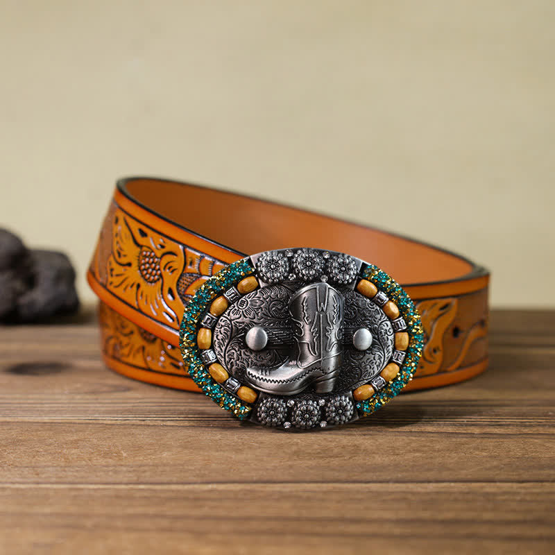 Cintura in pelle con fibbia per stivali con perline di legno e strass fai da te da uomo - Stivale - Cintura intagliata arancione (40) - image 14