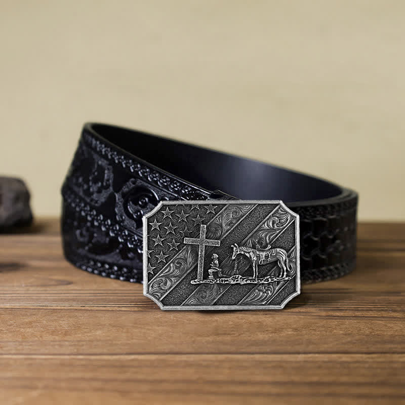 Cintura in pelle fai da te da uomo con fibbia a forma di cavallo con croce e bandiera americana