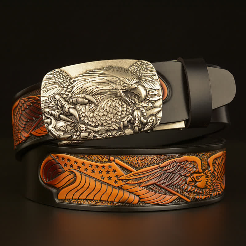 Cintura in pelle con fibbia automatica Eagle Wings Vintage da uomo - Nero / Argento - 46 - image 23