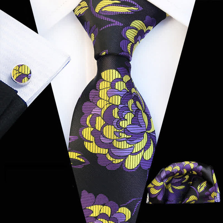 Set di 3 cravatte floreali con motivo peonia vistoso da uomo - Viola e giallo - image 0