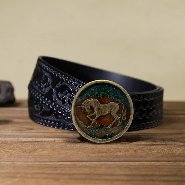 Cintura in pelle con fibbia in bronzo antico con unicorno mistico fai da te da uomo