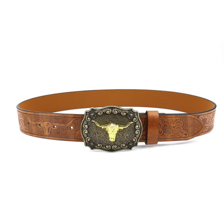 Cintura in pelle con fiore di toro inciso quadrato da uomo