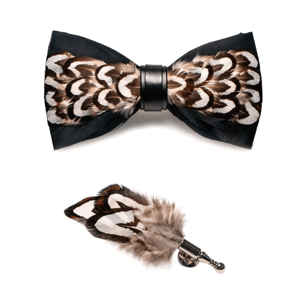Papillon con piume di Gobi del deserto nere e marroni con spilla da bavero - image 1