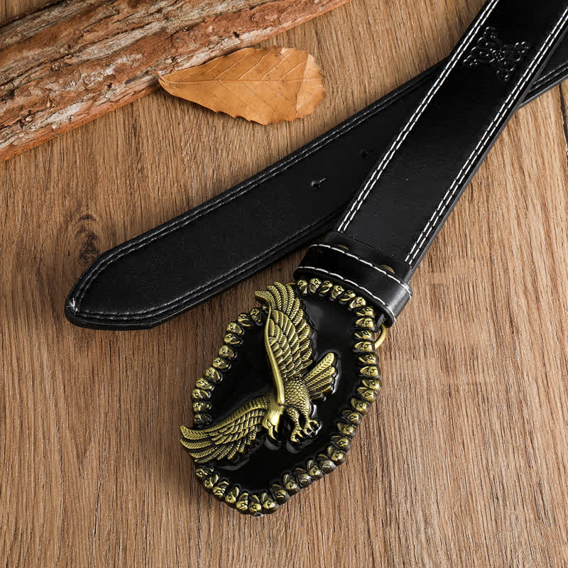 Cintura in pelle da uomo con aquila in oro antico e falco che vola