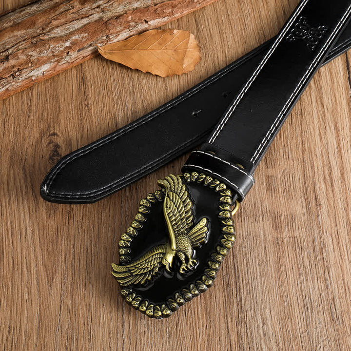 Cintura in pelle da uomo con aquila in oro antico e falco che vola
