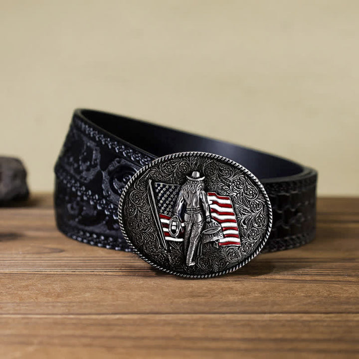 Cintura in pelle con fibbia della bandiera americana da cowboy fai da te da uomo