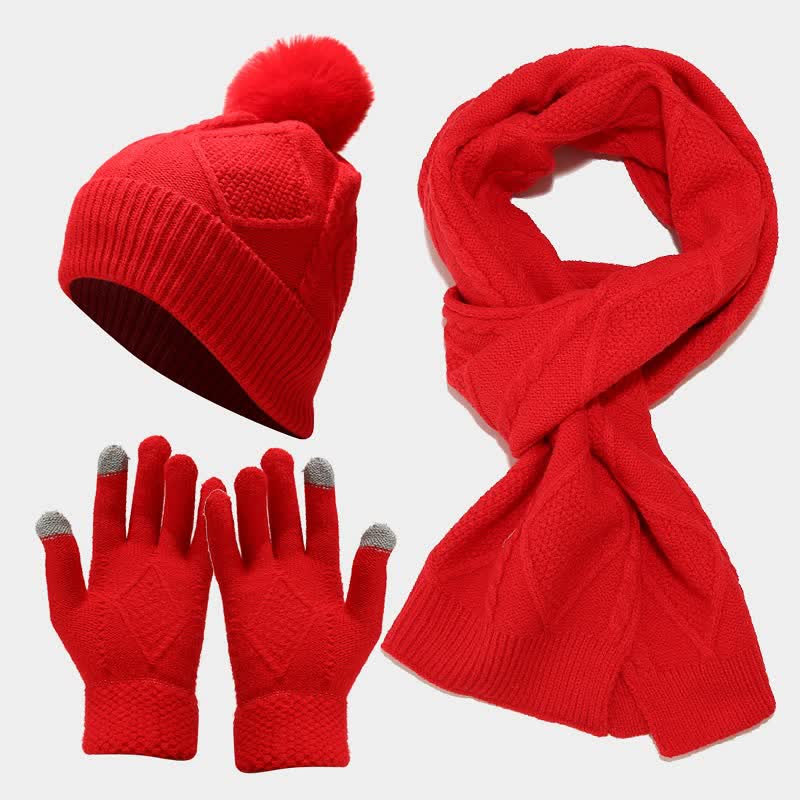 3 pezzi da donna diamante pompon berretto cappello sciarpa guanti set - Rosso - Regolabile - image 10