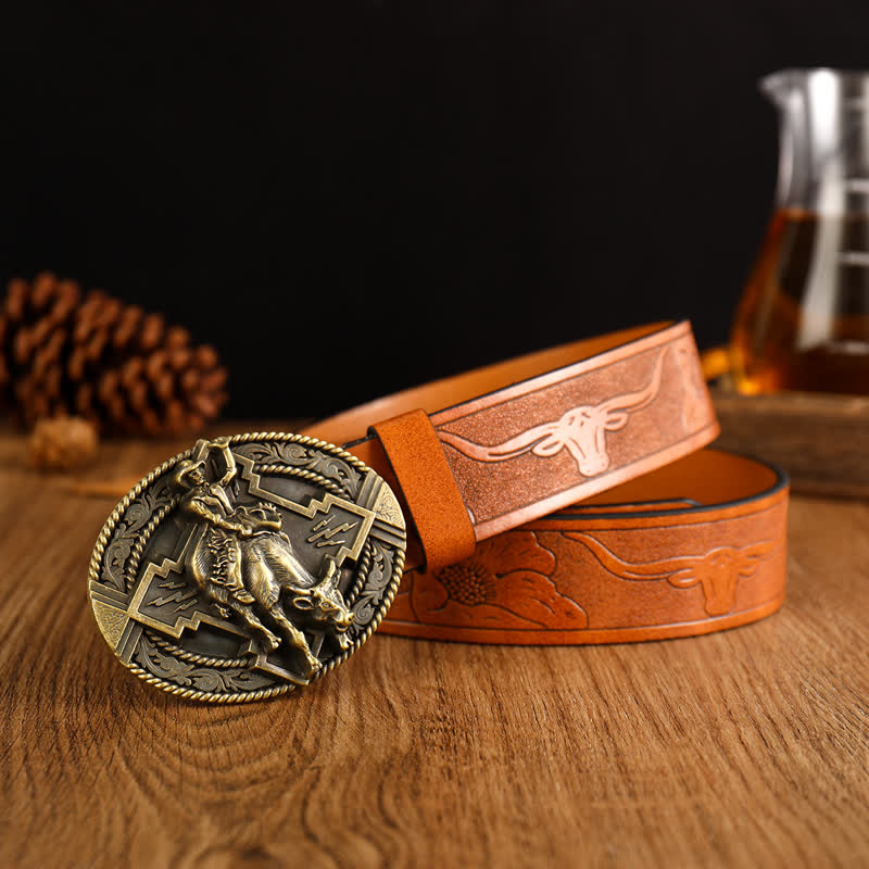 Cintura in pelle di toro da equitazione dominante da uomo - Marrone / Oro - 42 - image 0