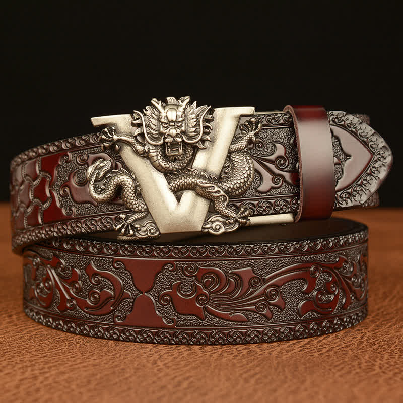 Cintura in pelle con goffratura a forma di drago con lettera V da uomo