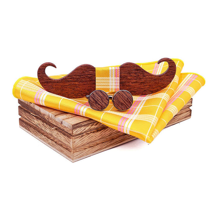 Set di 3 papillon in legno con baffi da uomo