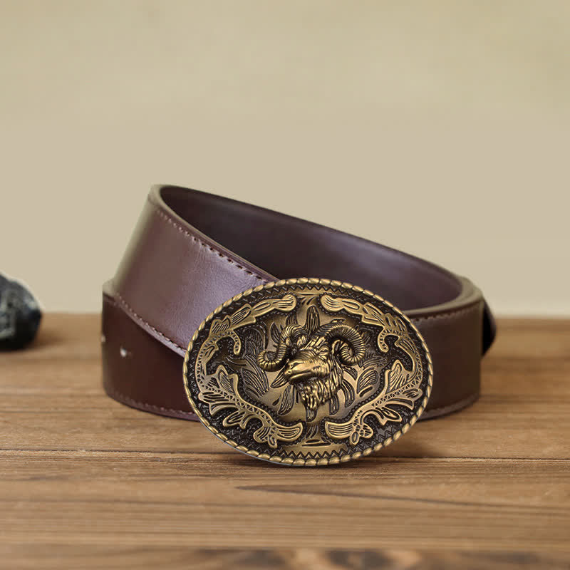 Cintura in pelle con fibbia a forma di testa di capra selvatica in bronzo fai da te da uomo