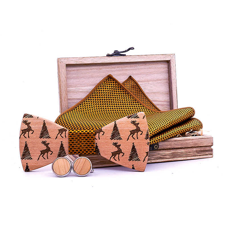 Set di 3 papillon in legno con motivo a cervo e albero di Natale da uomo