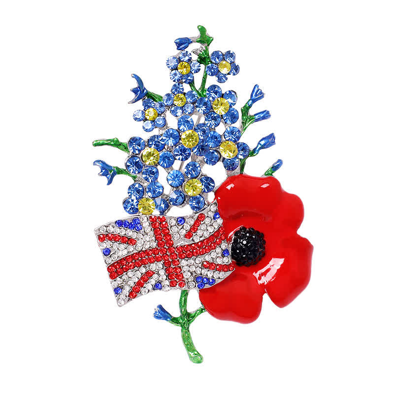 Spilla unisex multicolore con bandiera dell'Unione e papavero