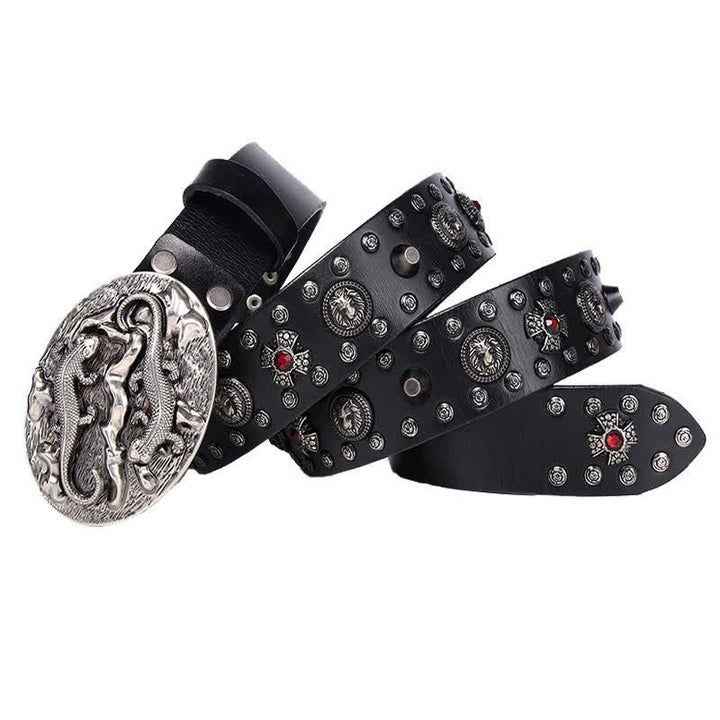 Cintura in pelle con ornamento leone rubino borchiato da uomo