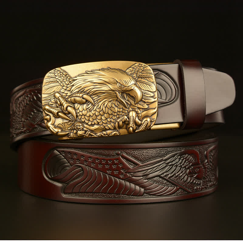 Cintura in pelle con fibbia automatica Eagle Wings Vintage da uomo - Caffè / Oro - 46 - image 10