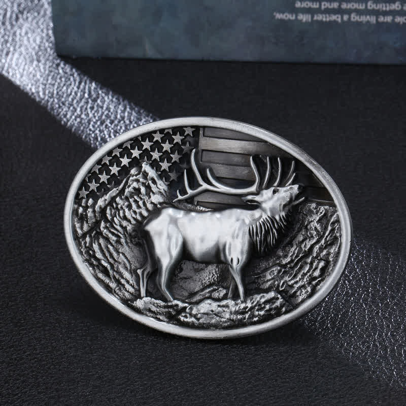 Cintura in pelle fai da te con fibbia della bandiera americana a forma di cervo e alce da uomo - Argento antico - Senza cintura - image 0