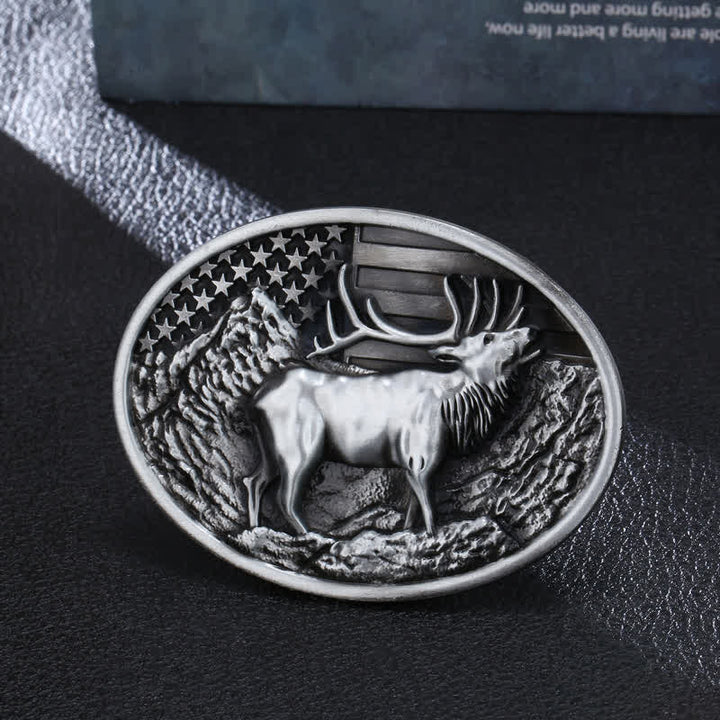 Cintura in pelle fai da te con fibbia della bandiera americana a forma di cervo e alce da uomo - Argento antico - Senza cintura - image 0