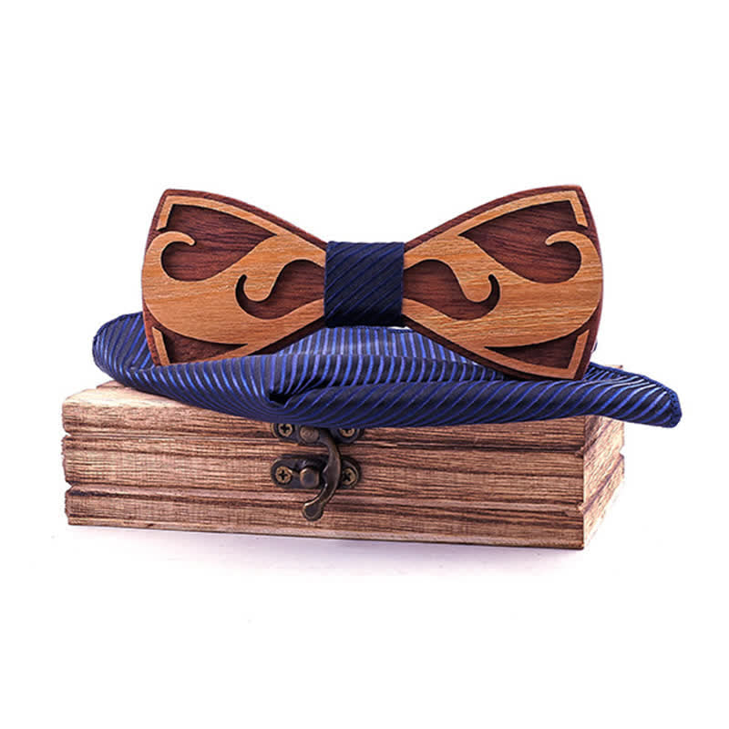 Set di 2 papillon in legno con barba intagliata da uomo - Righe sottili blu navy - image 0