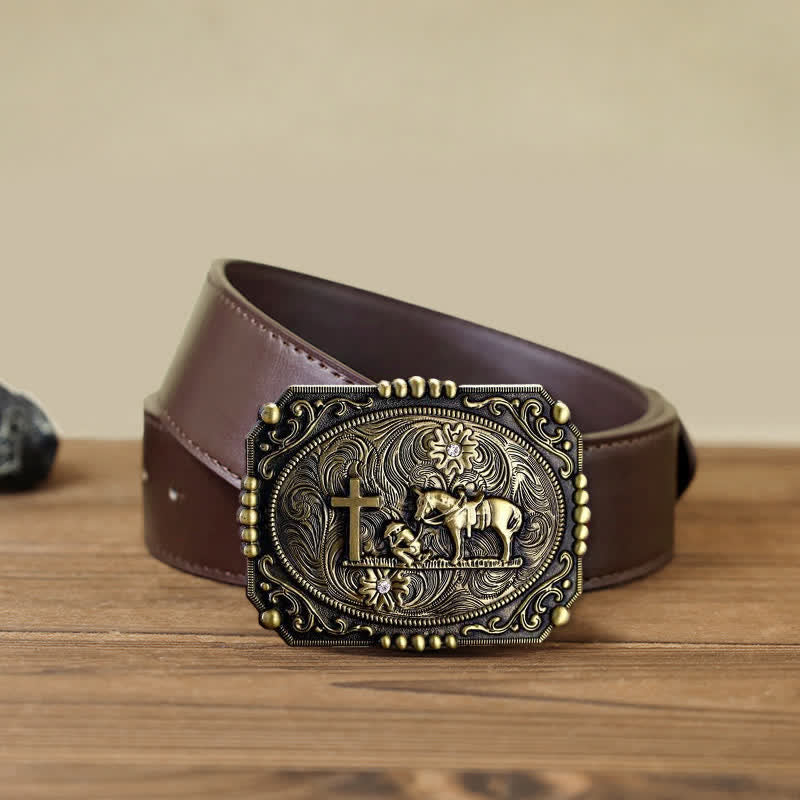Cintura in pelle fai da te da uomo con fibbia per preghiera inginocchiata a forma di croce di cavallo