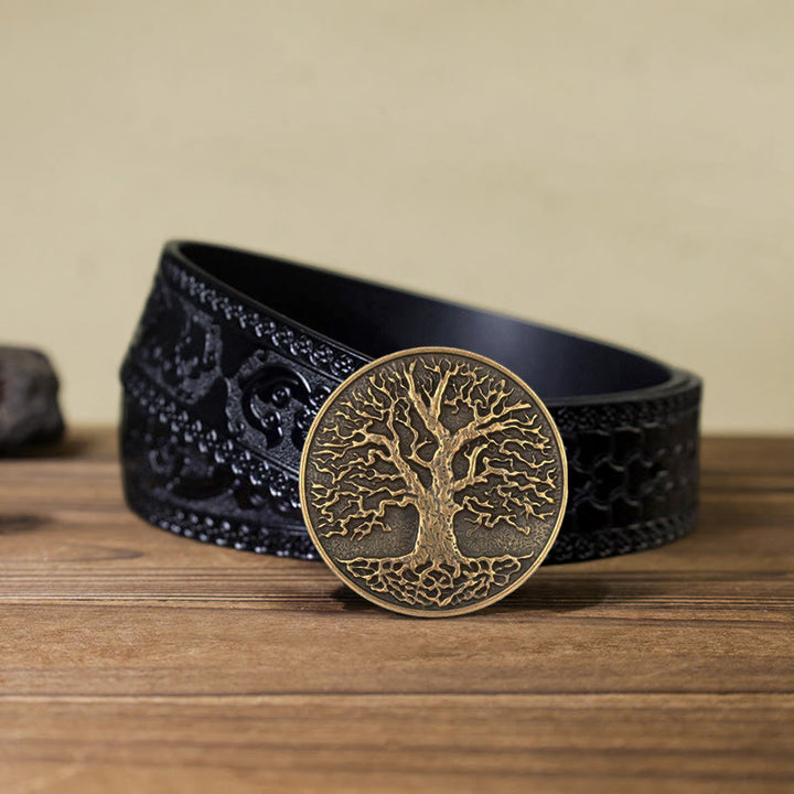 Cintura in pelle con fibbia rotonda fai da te con albero della vita da uomo - Bronzo - Cintura nera intagliata (40) - image 14