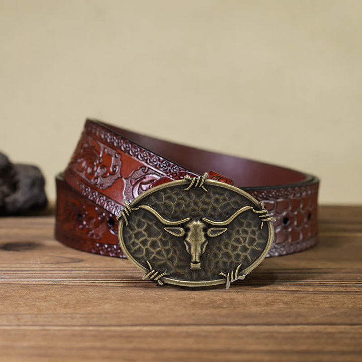 Cintura in pelle con fibbia martellata a forma di testa di toro da cowboy fai da te da uomo