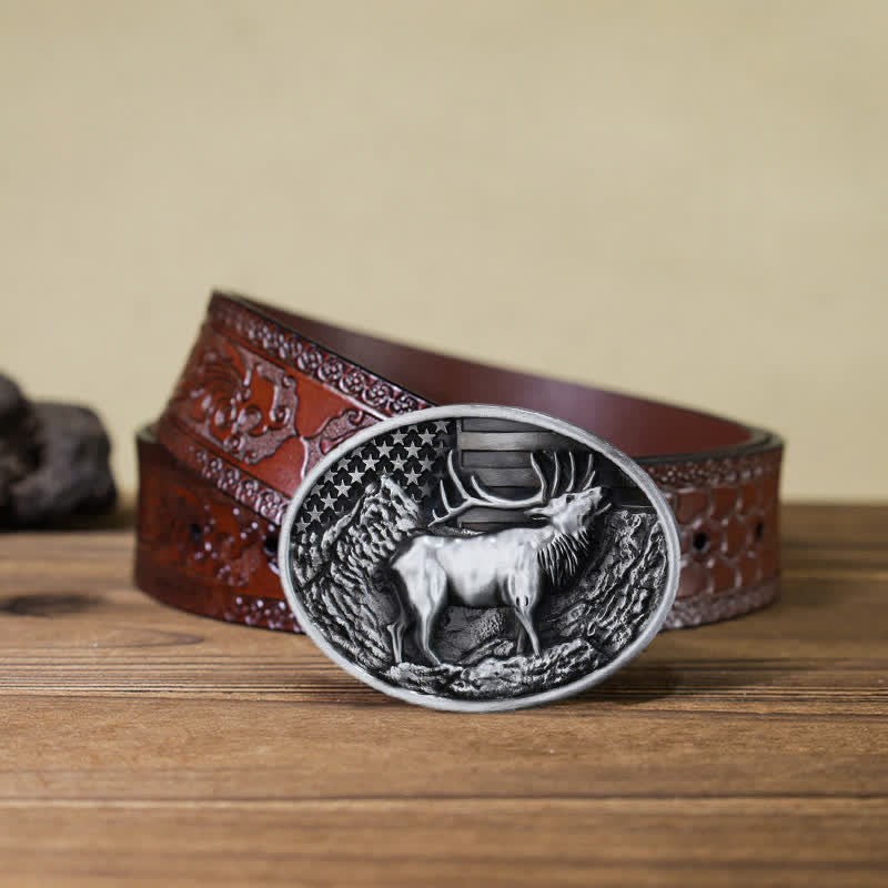Cintura in pelle fai da te con fibbia della bandiera americana a forma di cervo e alce da uomo - Argento antico - Cintura marrone intagliata (40) - image 18