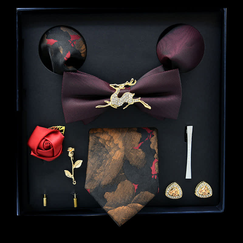 8 pezzi papillon casual con motivo floreale bordeaux e oro, scatola regalo - Borgogna e oro - image 0