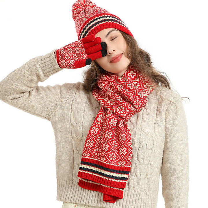 Set di 3 guanti touchscreen unisex con cappello e sciarpa a fiocco di neve