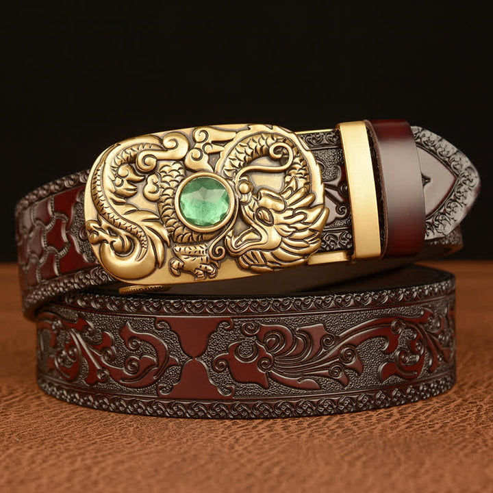 Cintura in pelle con pietra preziosa e drago inciso da uomo - Marrone e smeraldo - 46 - image 14