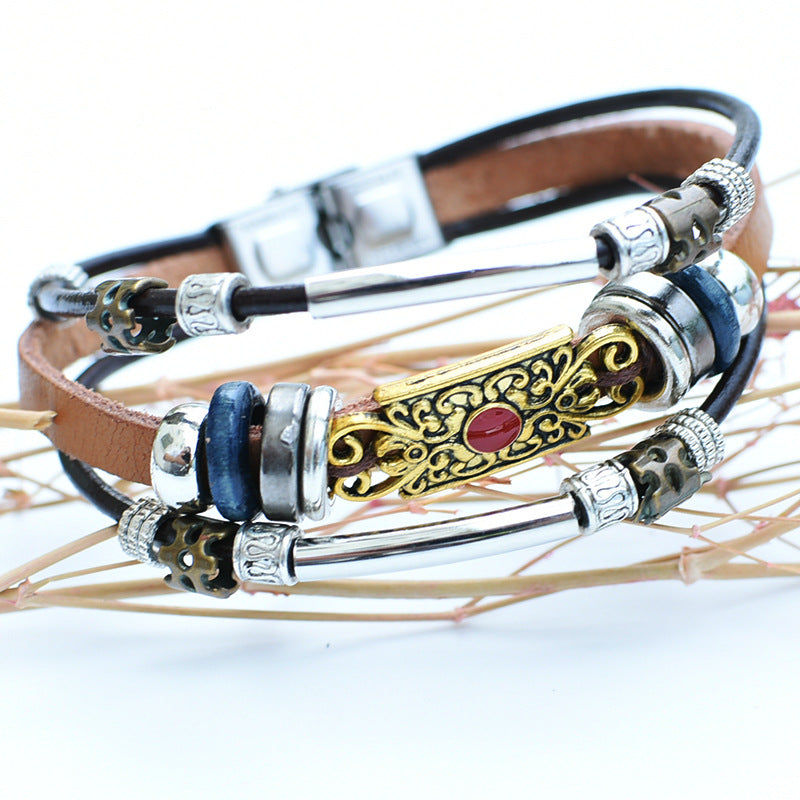 Bracciale da uomo vintage western in pelle con pietre blu e filigrana - D'oro - image 8