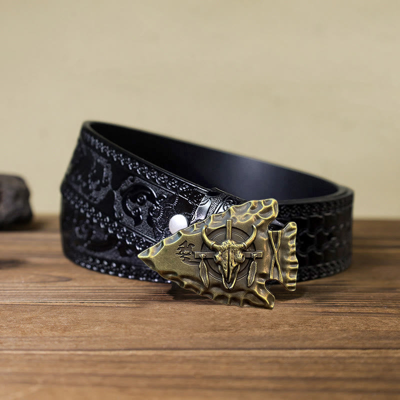 Cintura in pelle con fibbia a forma di toro a forma di punta di freccia fai da te da uomo