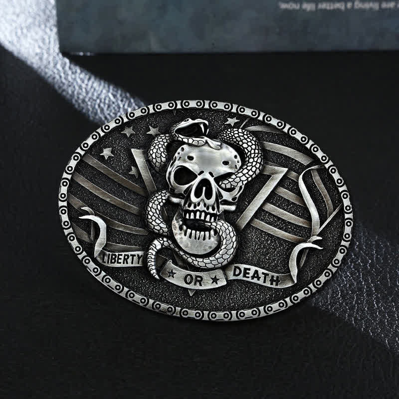 Cintura in pelle fai da te da uomo con fibbia a forma di teschio di serpente "Liberty or Death" - Argento antico - Senza cintura - image 0