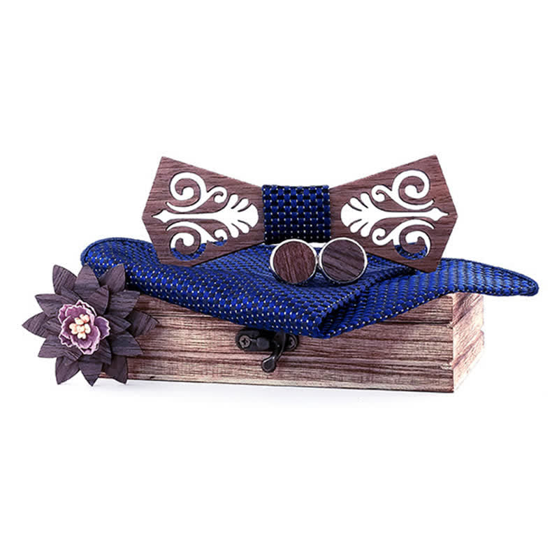 Set di 4 papillon in legno con motivo a fiori cavi da uomo - Nero e blu navy - image 7