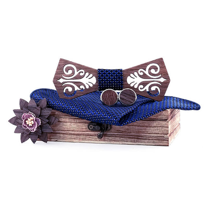 Set di 4 papillon in legno con motivo a fiori cavi da uomo - Nero e blu navy - image 7