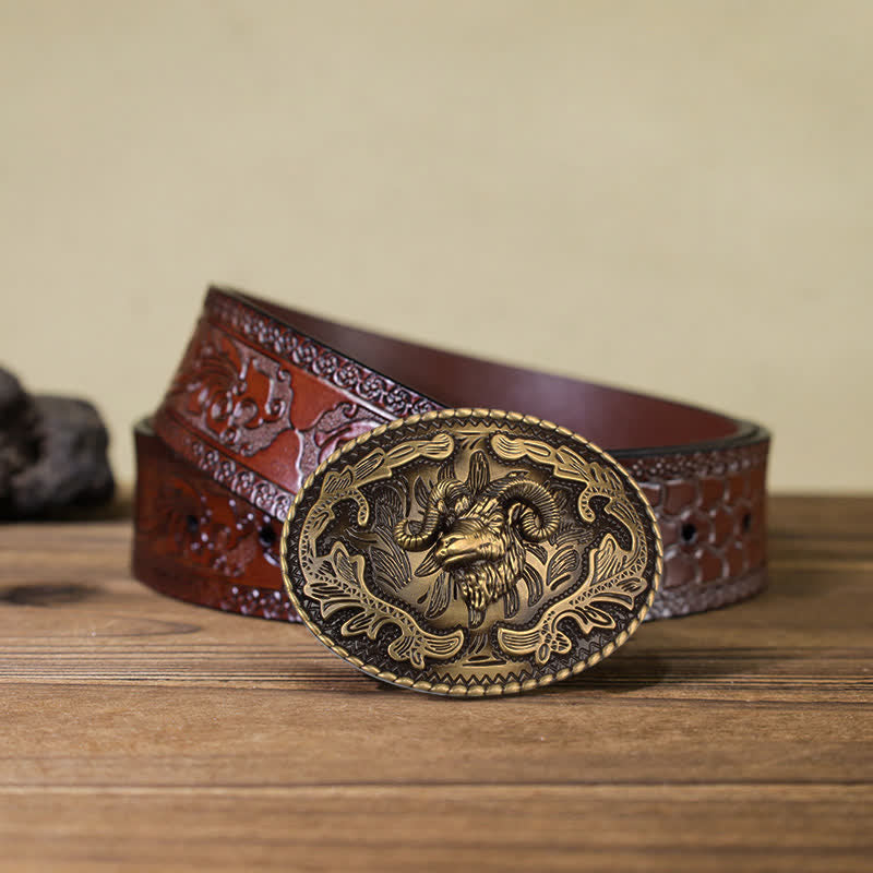 Cintura in pelle con fibbia a forma di testa di capra selvatica in bronzo fai da te da uomo - Capra selvatica - Cintura marrone intagliata (40) - image 11