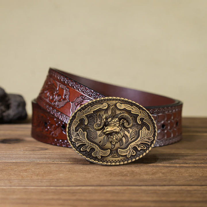 Cintura in pelle con fibbia a forma di testa di capra selvatica in bronzo fai da te da uomo