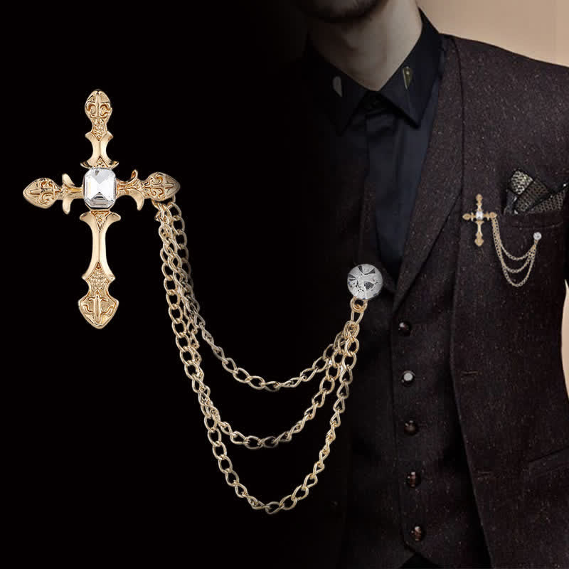 Spilla a catena con cristalli a croce classica da uomo - Oro e bianco - image 3