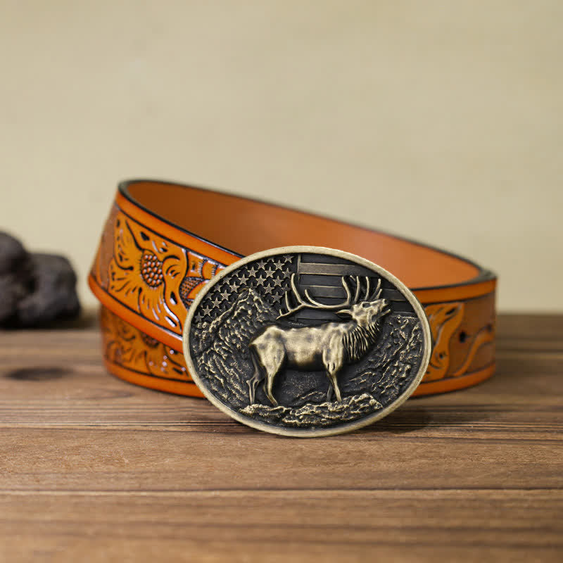 Cintura in pelle fai da te con fibbia della bandiera americana a forma di cervo e alce da uomo - Bronzo antico - Cintura intagliata arancione (40) - image 25