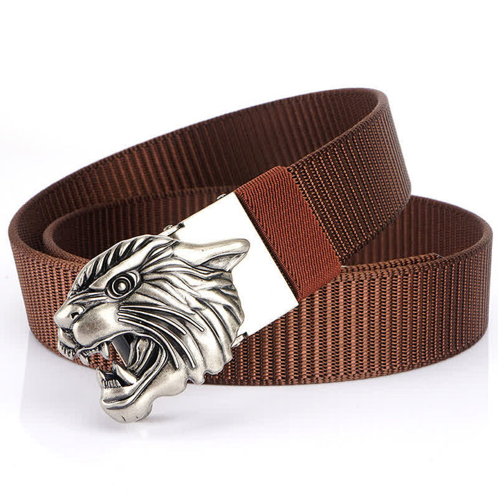 Cintura in nylon con testa di tigre ruggente da uomo - Marrone / Argento - 48" - image 20