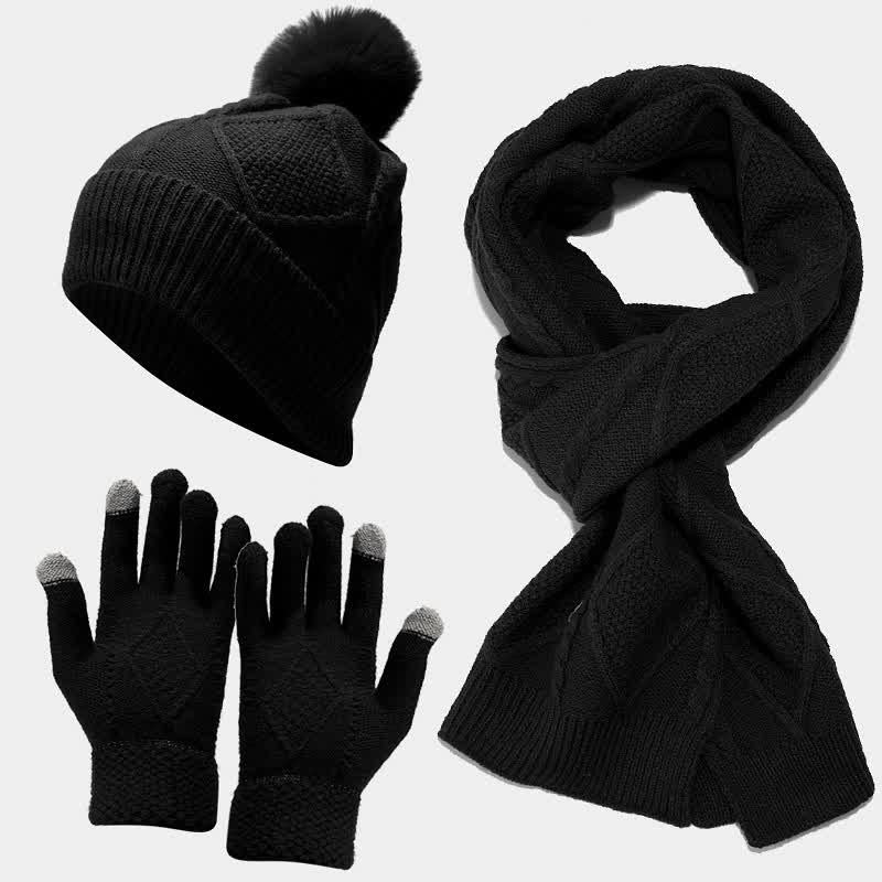 3 pezzi da donna diamante pompon berretto cappello sciarpa guanti set - Nero - Regolabile - image 11