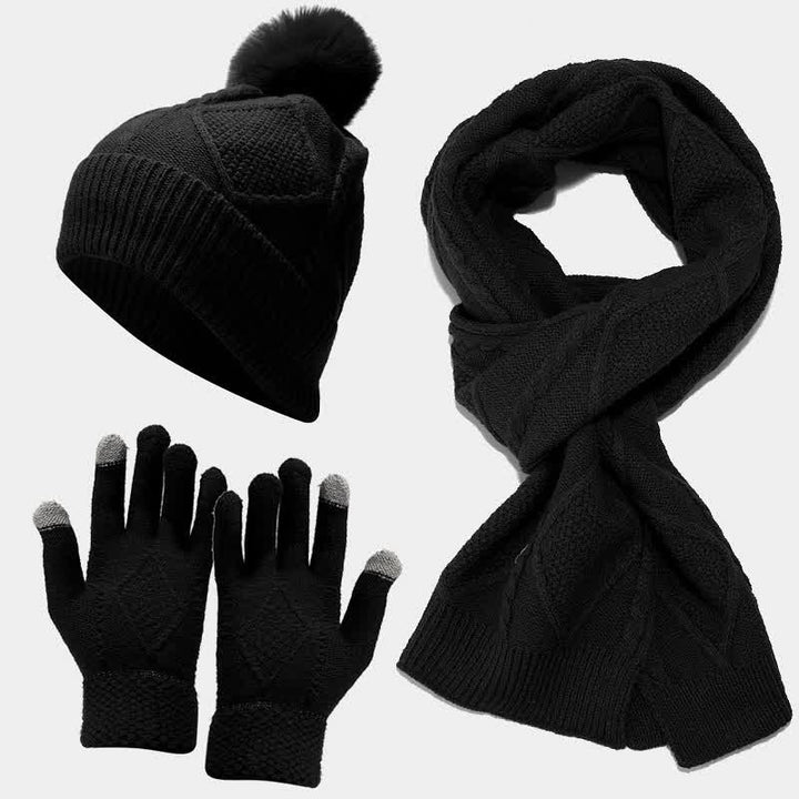 3 pezzi da donna diamante pompon berretto cappello sciarpa guanti set - Nero - Regolabile - image 11