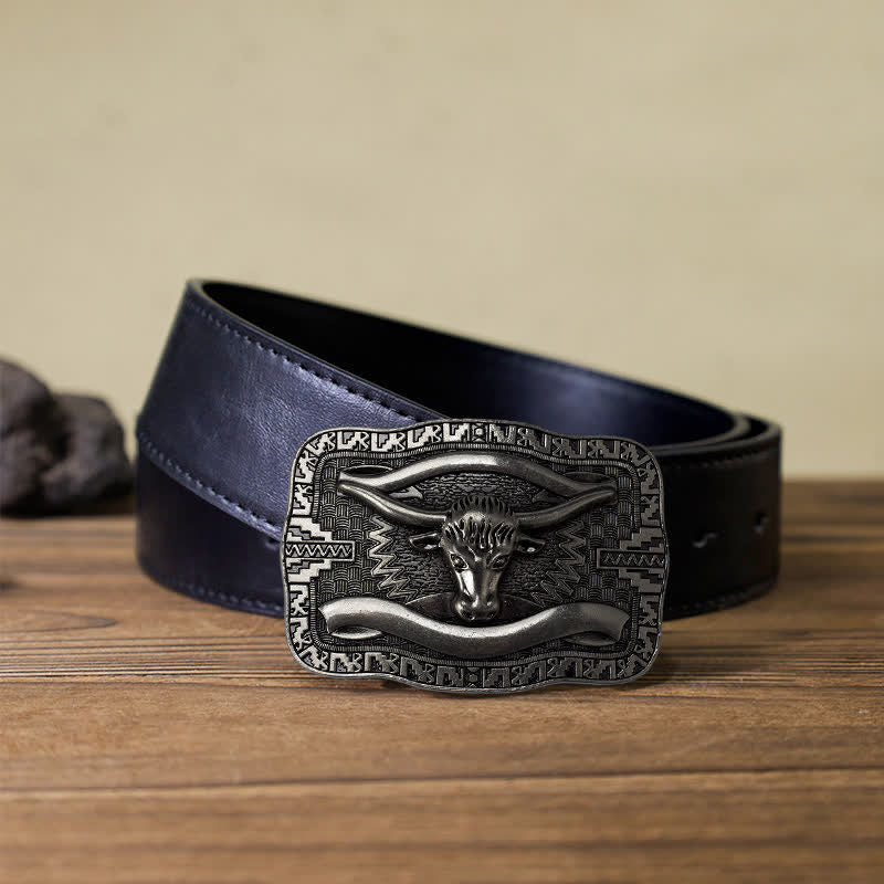 Cintura in pelle fai da te da uomo con fibbia a forma di toro Longhorn quadrato in argento