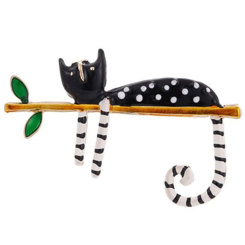 Spilla a forma di gatto a pois, da donna, con gattino pigro - Nero - image 0