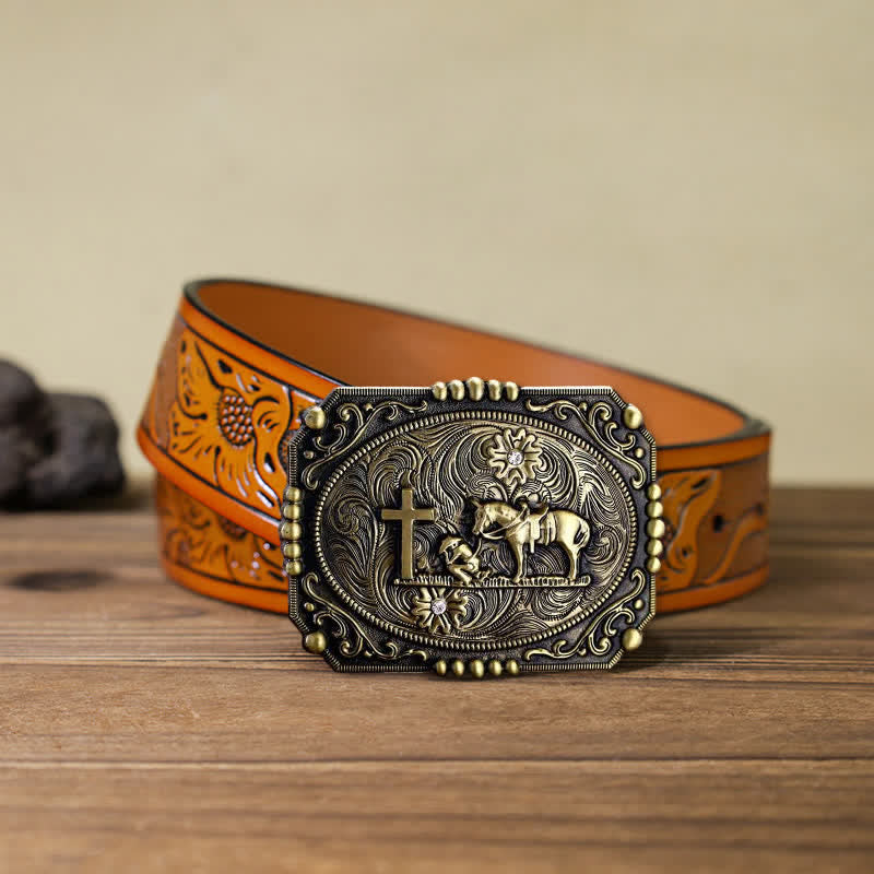 Cintura in pelle fai da te da uomo con fibbia per preghiera inginocchiata a forma di croce di cavallo