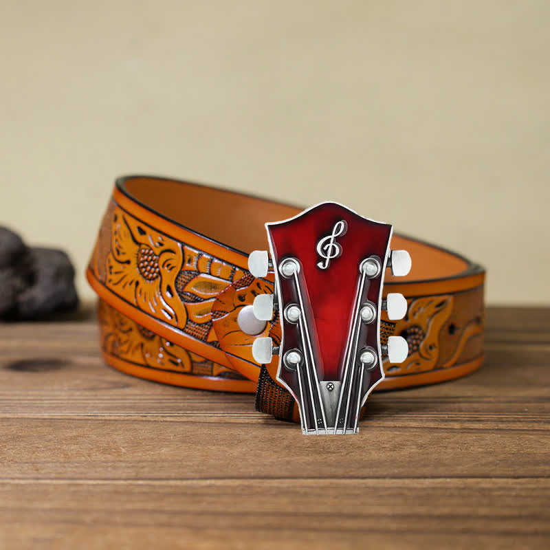 Cintura in pelle con fibbia per paletta di chitarra musicale fai da te da uomo - Rosso - Cintura intagliata arancione (40) - image 32