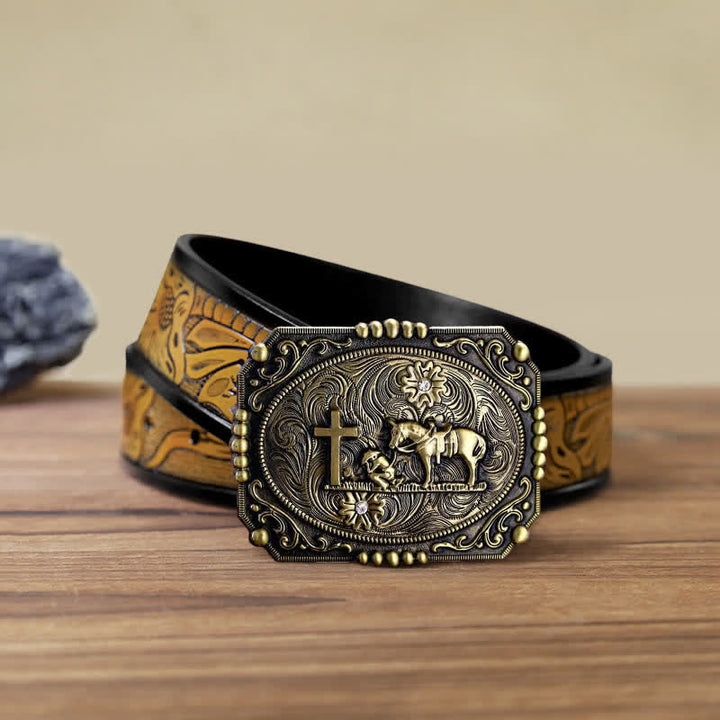 Cintura in pelle fai da te da uomo con fibbia per preghiera inginocchiata a forma di croce di cavallo