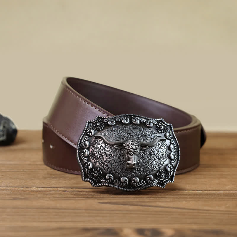 Cintura in pelle fai da te con fibbia in argento anticato Longhorn Bull da uomo